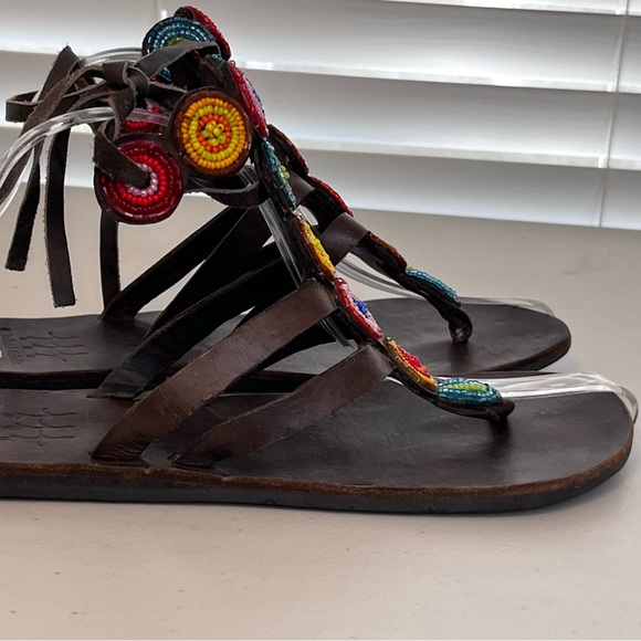 Global Girls Boho Leather Hand-Made Colorful Beaded Sz 37 Thong Sandals - Picture 7 of 14